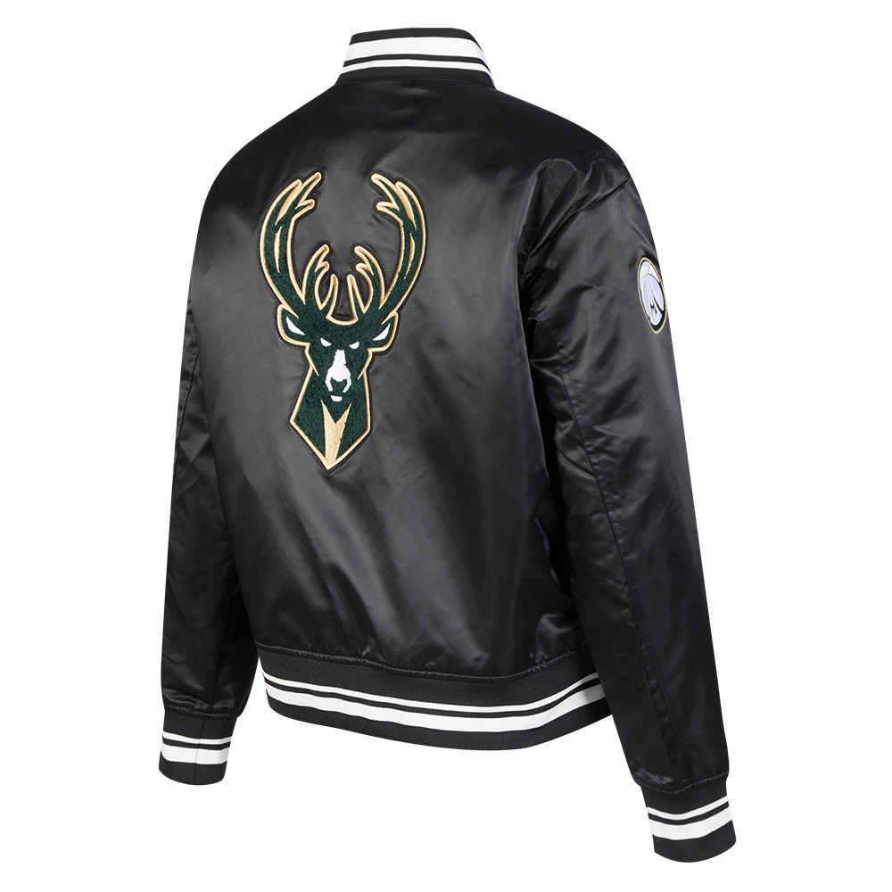 NBA MILWAUKEE BUCKS RETRO CLASSIC BLOUSON EN SATIN À BORDS CÔTELÉS POUR FEMME (NOIR)