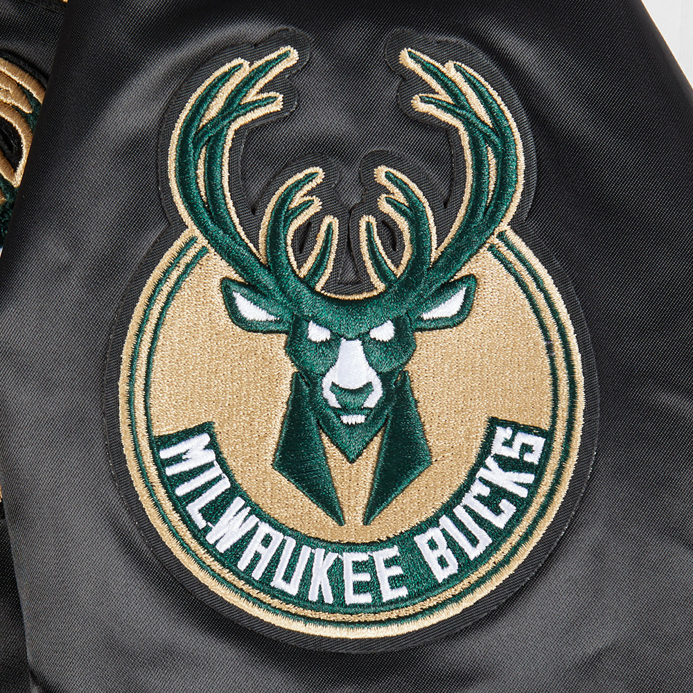 NBA MILWAUKEE BUCKS RETRO CLASSIC BLOUSON EN SATIN À BORDS CÔTELÉS POUR FEMME (NOIR)