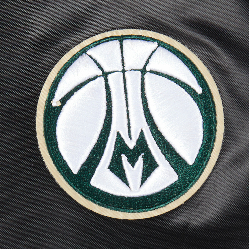 NBA MILWAUKEE BUCKS RETRO CLASSIC BLOUSON EN SATIN À BORDS CÔTELÉS POUR FEMME (NOIR)