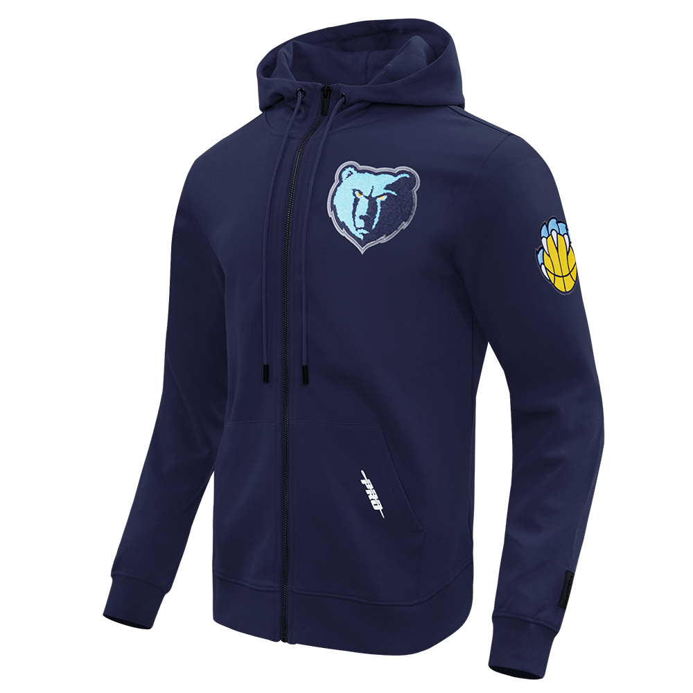 NBA MEMPHIS GRIZZLIES CLASSIC CHENILLE MEN'S FULL ZIP DOUBLE KNIT PULLOVER HOODIE (MIDNIGHT NAVY)