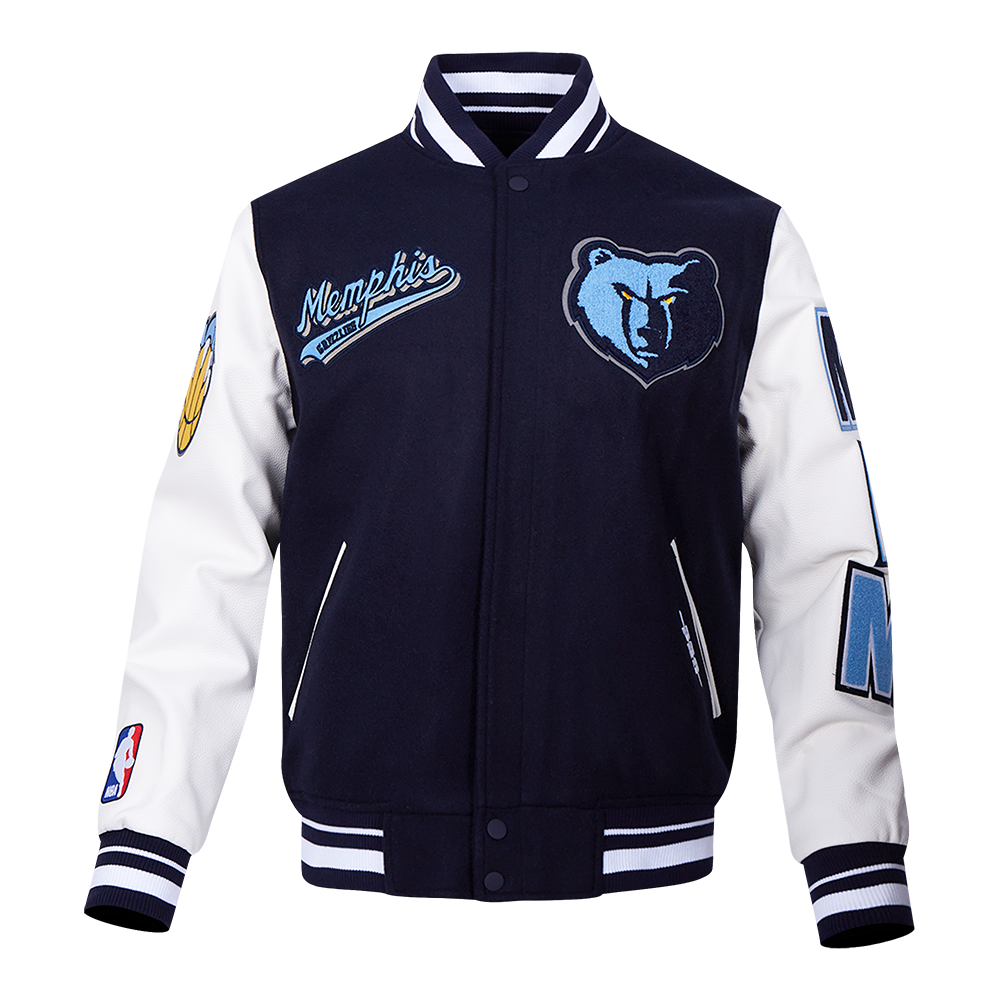NBA MEMPHIS GRIZZLIES SCRIPT TAIL BLOUSON COLLÉGIAL EN LAINE À BORDS CÔTELÉS POUR HOMME (MARINE MINUIT/BLANC)