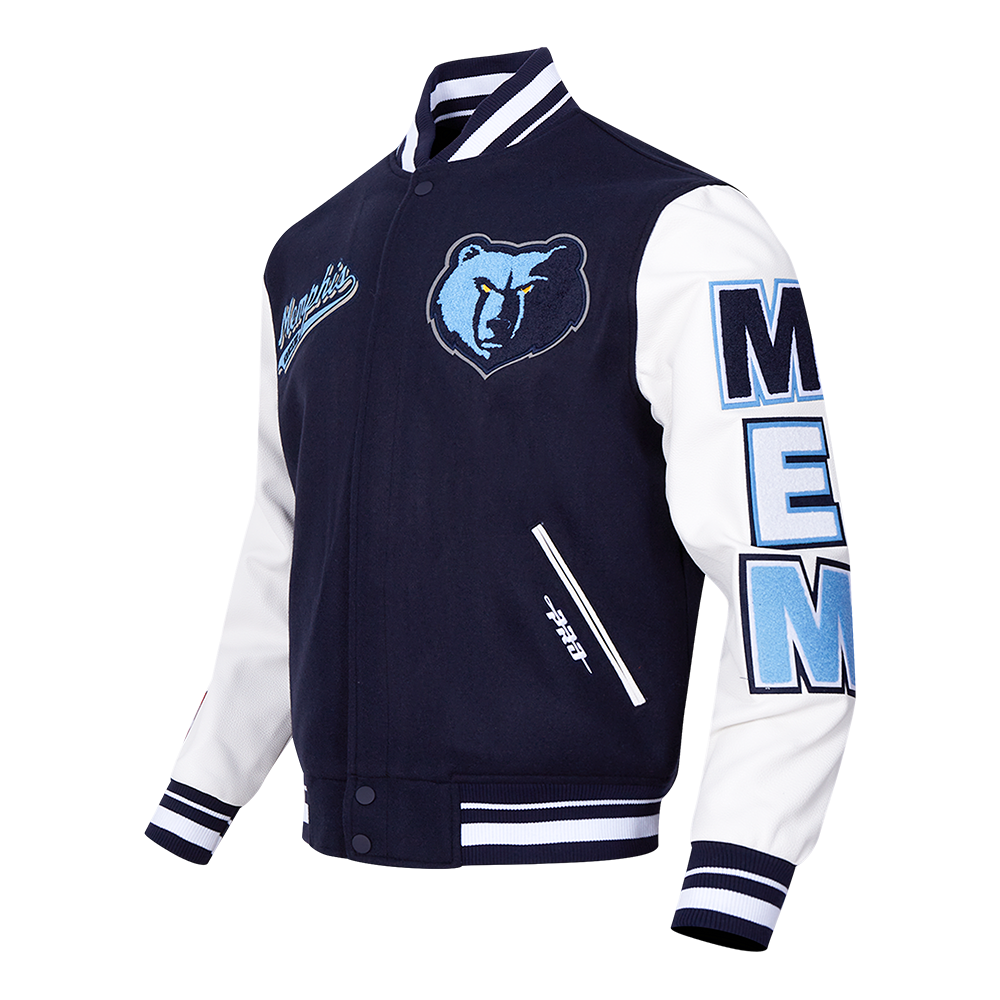 NBA MEMPHIS GRIZZLIES SCRIPT TAIL BLOUSON COLLÉGIAL EN LAINE À BORDS CÔTELÉS POUR HOMME (MARINE MINUIT/BLANC)