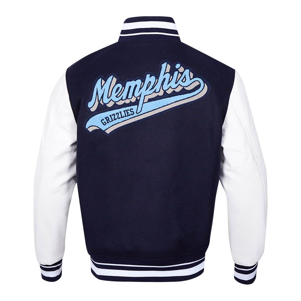 NBA MEMPHIS GRIZZLIES SCRIPT TAIL BLOUSON COLLÉGIAL EN LAINE À BORDS CÔTELÉS POUR HOMME (MARINE MINUIT/BLANC)