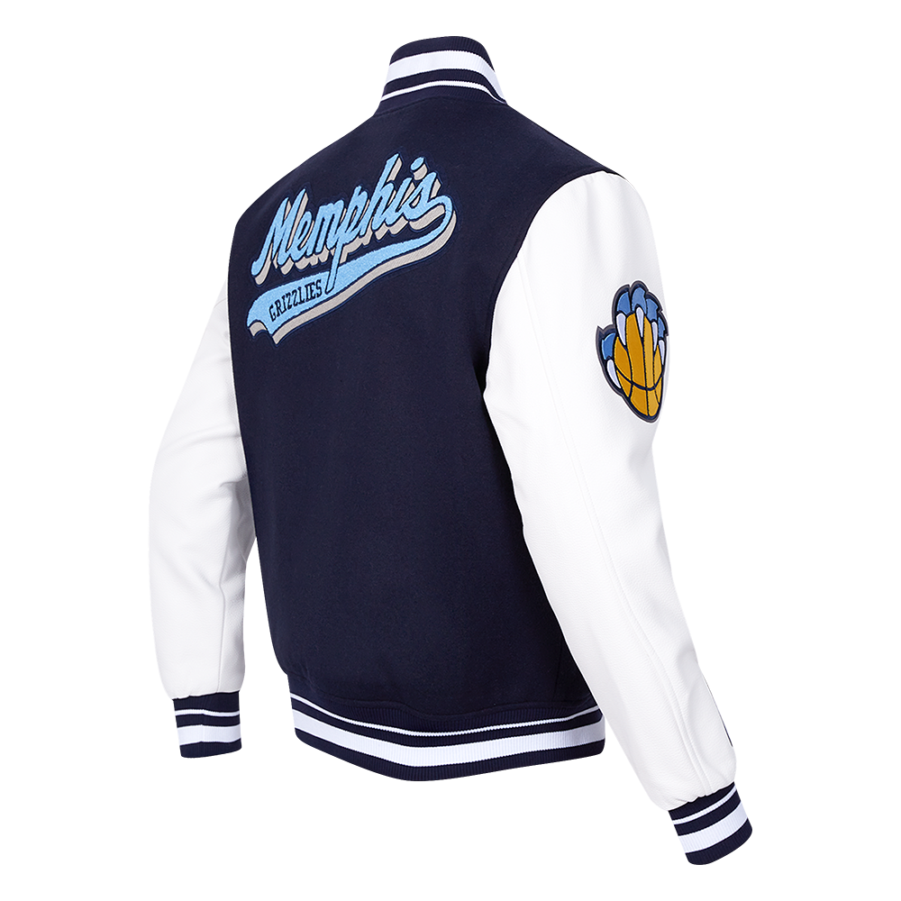NBA MEMPHIS GRIZZLIES SCRIPT TAIL BLOUSON COLLÉGIAL EN LAINE À BORDS CÔTELÉS POUR HOMME (MARINE MINUIT/BLANC)