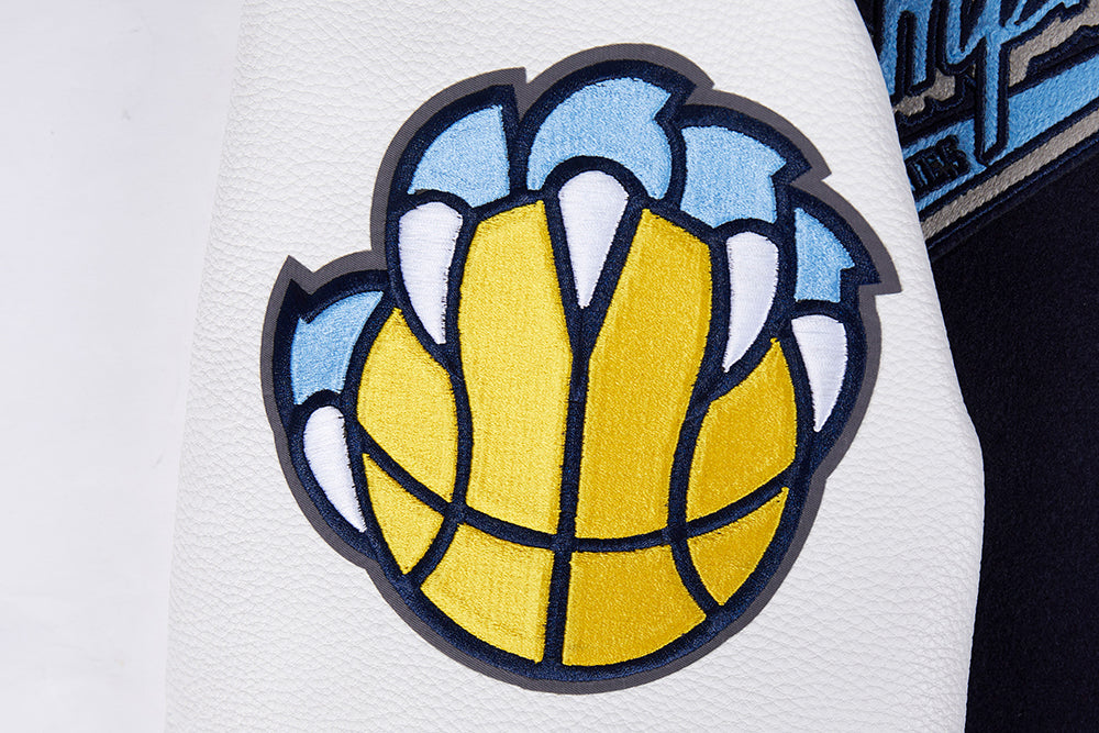 NBA MEMPHIS GRIZZLIES SCRIPT TAIL BLOUSON COLLÉGIAL EN LAINE À BORDS CÔTELÉS POUR HOMME (MARINE MINUIT/BLANC)