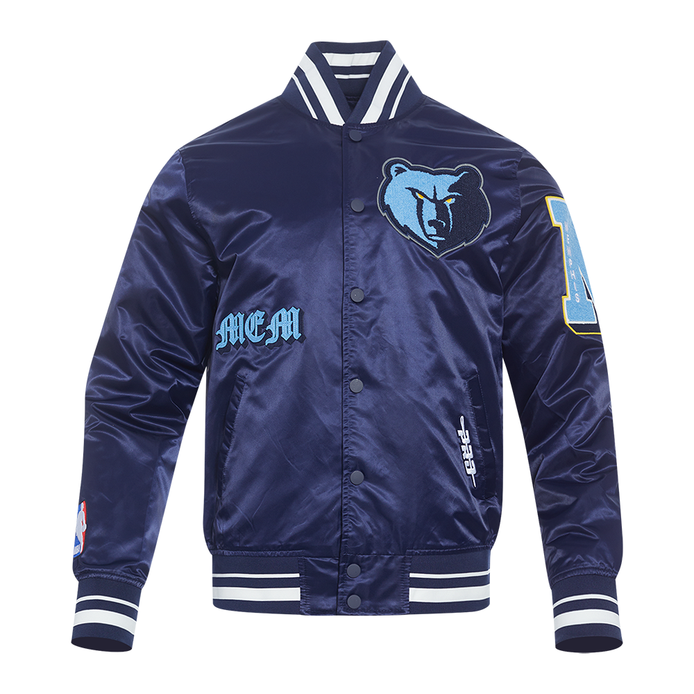 NBA MEMPHIS GRIZZLIES OLD ENGLISH BLOUSON EN SATIN À BORDS CÔTELÉS POUR HOMME (MARINE MINUIT)