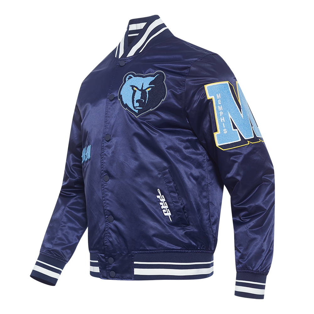 NBA MEMPHIS GRIZZLIES OLD ENGLISH BLOUSON EN SATIN À BORDS CÔTELÉS POUR HOMME (MARINE MINUIT)