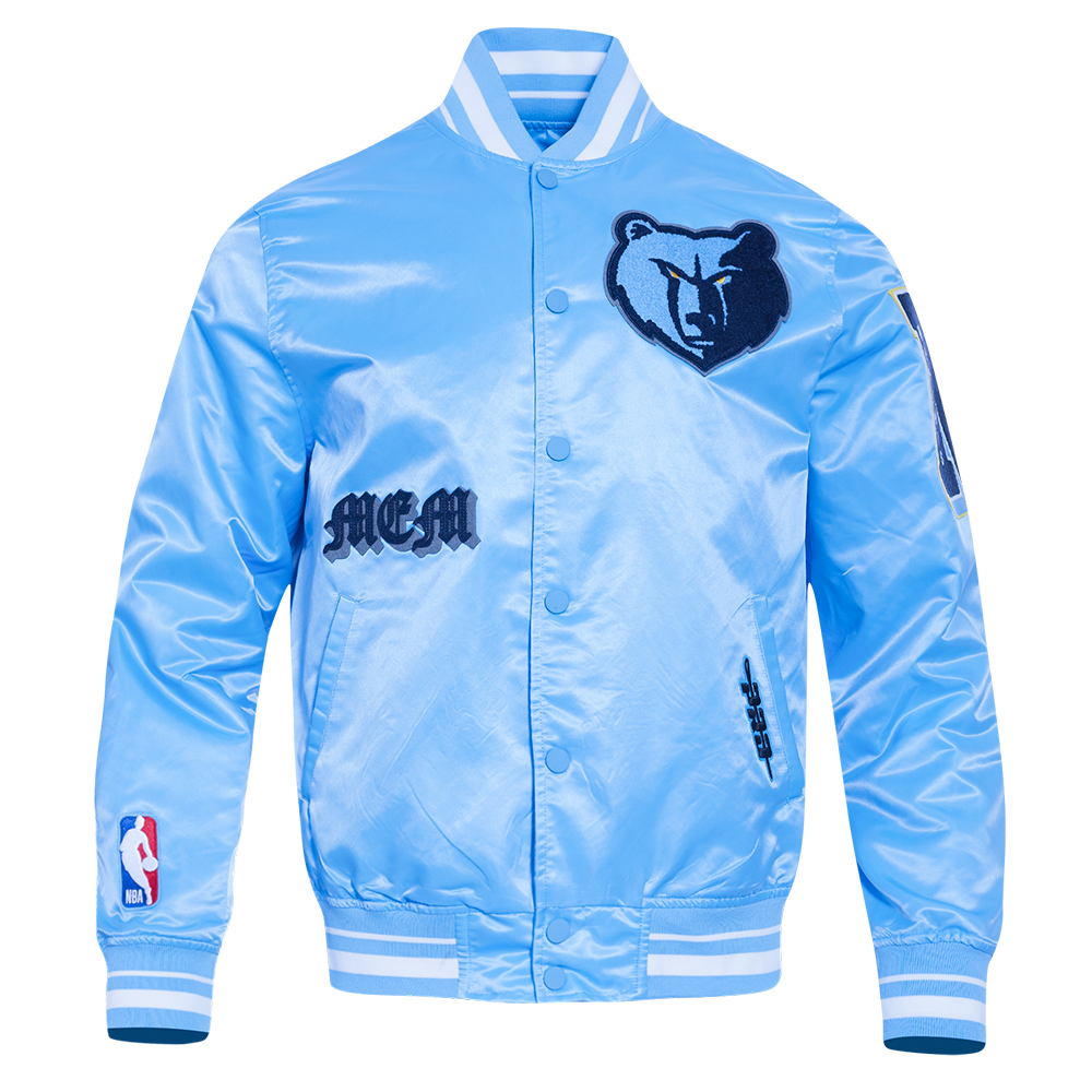 NBA MEMPHIS GRIZZLIES OLD ENGLISH BLOUSON EN SATIN À BORDS CÔTELÉS POUR HOMME (BLEU UNIVERSITÉ)