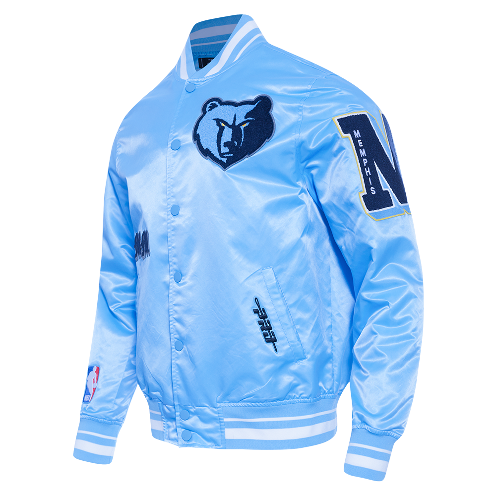 NBA MEMPHIS GRIZZLIES OLD ENGLISH BLOUSON EN SATIN À BORDS CÔTELÉS POUR HOMME (BLEU UNIVERSITÉ)