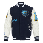 NBA MEMPHIS GRIZZLIES OLD ENGLISH BLOUSON COLLÉGIAL EN LAINE À BORDS CÔTELÉS POUR HOMME (MARINE MINUIT/BLANC)