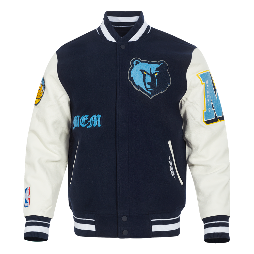 NBA MEMPHIS GRIZZLIES OLD ENGLISH BLOUSON COLLÉGIAL EN LAINE À BORDS CÔTELÉS POUR HOMME (MARINE MINUIT/BLANC)