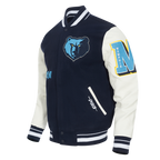 NBA MEMPHIS GRIZZLIES OLD ENGLISH BLOUSON COLLÉGIAL EN LAINE À BORDS CÔTELÉS POUR HOMME (MARINE MINUIT/BLANC)