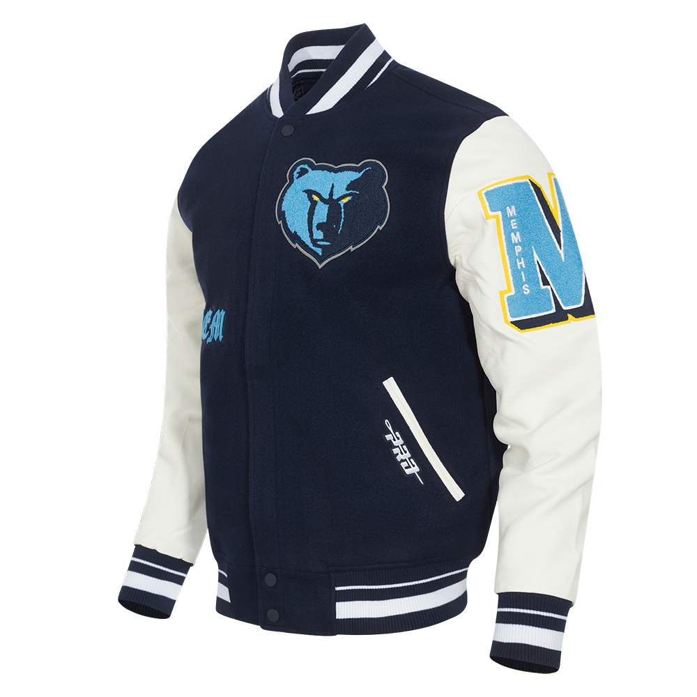 NBA MEMPHIS GRIZZLIES OLD ENGLISH BLOUSON COLLÉGIAL EN LAINE À BORDS CÔTELÉS POUR HOMME (MARINE MINUIT/BLANC)