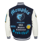 NBA MEMPHIS GRIZZLIES OLD ENGLISH BLOUSON COLLÉGIAL EN LAINE À BORDS CÔTELÉS POUR HOMME (MARINE MINUIT/BLANC)