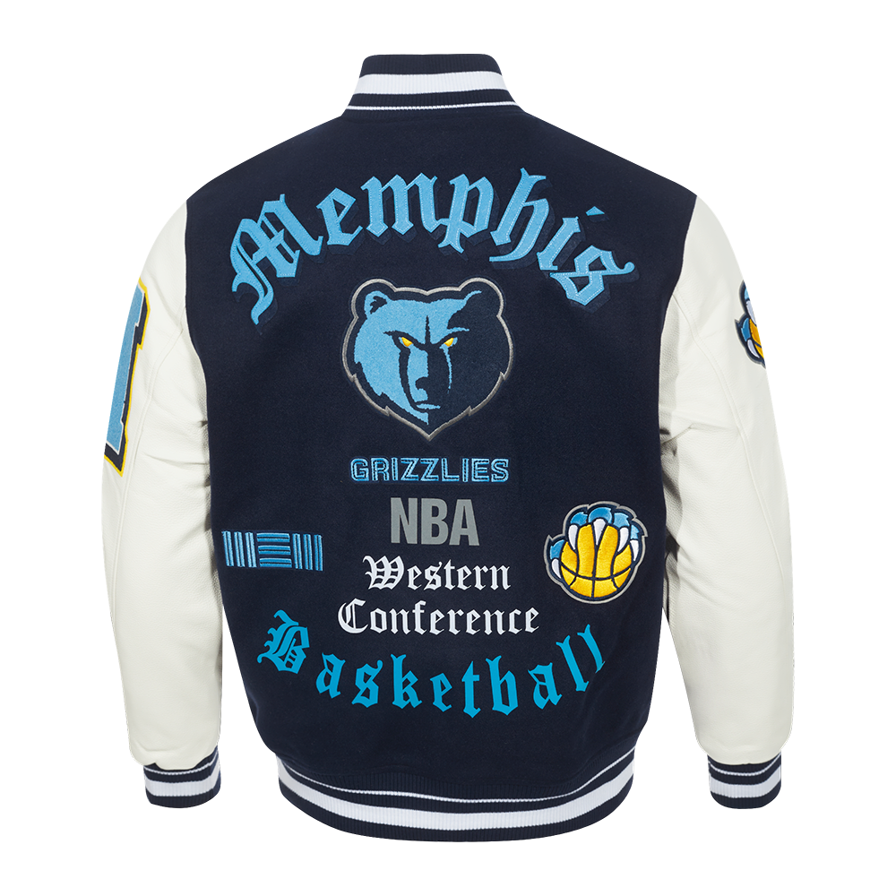 NBA MEMPHIS GRIZZLIES OLD ENGLISH BLOUSON COLLÉGIAL EN LAINE À BORDS CÔTELÉS POUR HOMME (MARINE MINUIT/BLANC)