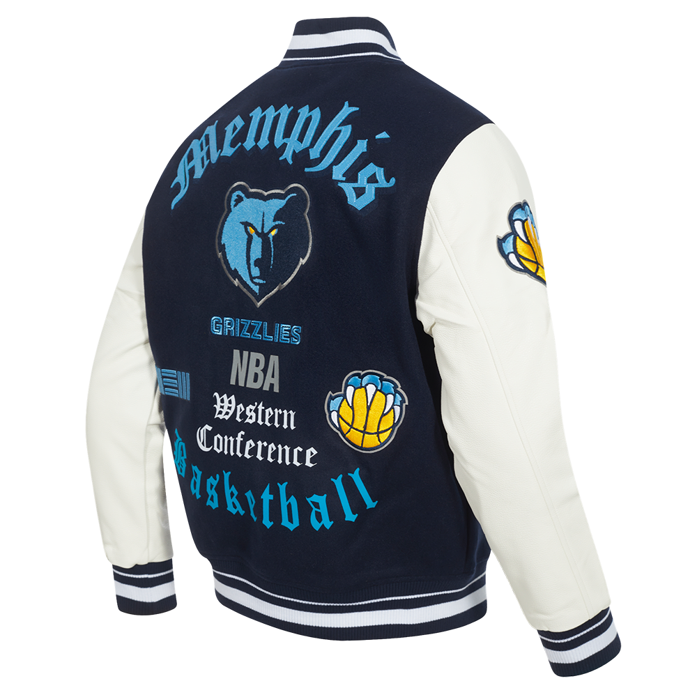 NBA MEMPHIS GRIZZLIES OLD ENGLISH BLOUSON COLLÉGIAL EN LAINE À BORDS CÔTELÉS POUR HOMME (MARINE MINUIT/BLANC)