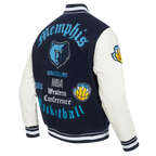 NBA MEMPHIS GRIZZLIES OLD ENGLISH BLOUSON COLLÉGIAL EN LAINE À BORDS CÔTELÉS POUR HOMME (MARINE MINUIT/BLANC)