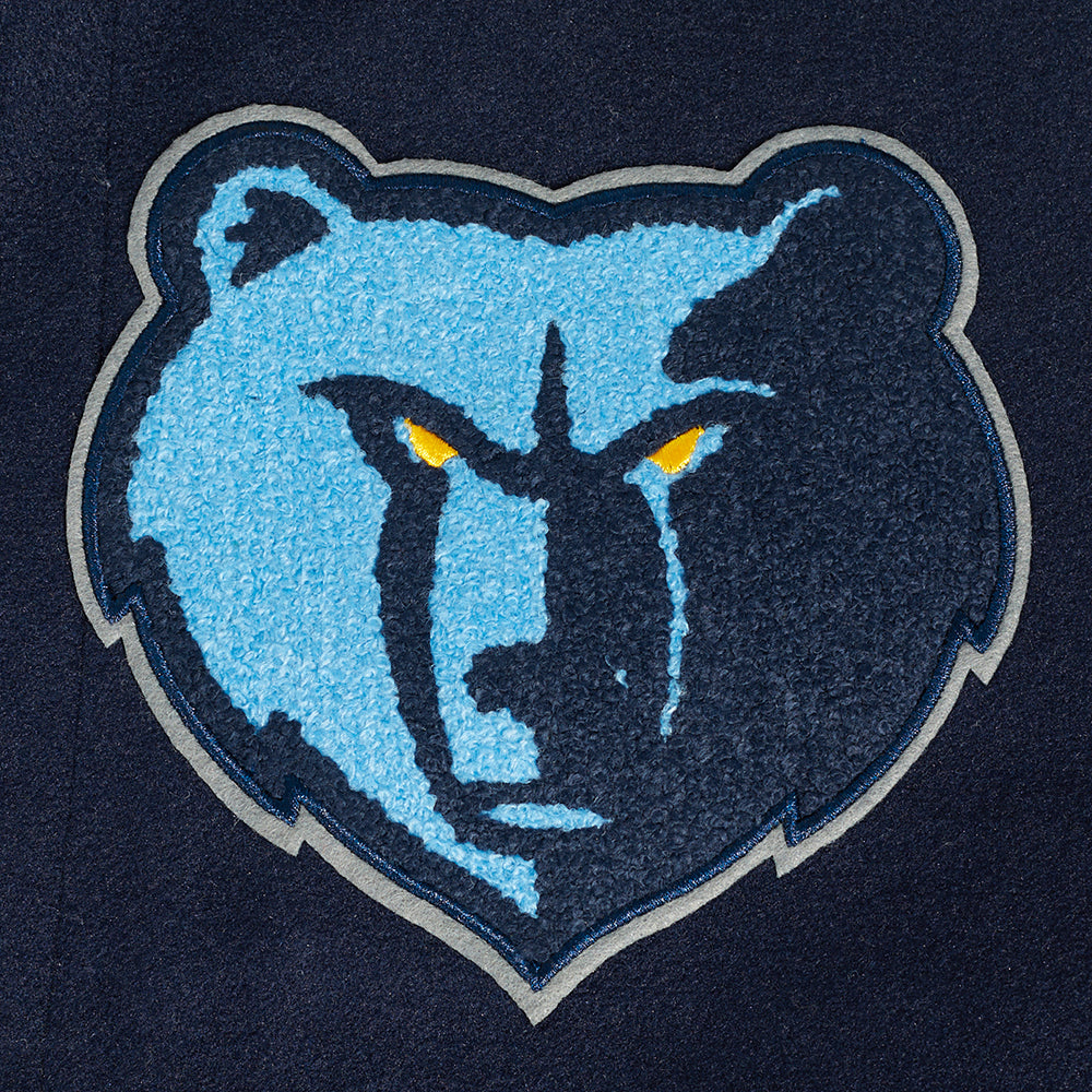 NBA MEMPHIS GRIZZLIES OLD ENGLISH BLOUSON COLLÉGIAL EN LAINE À BORDS CÔTELÉS POUR HOMME (MARINE MINUIT/BLANC)