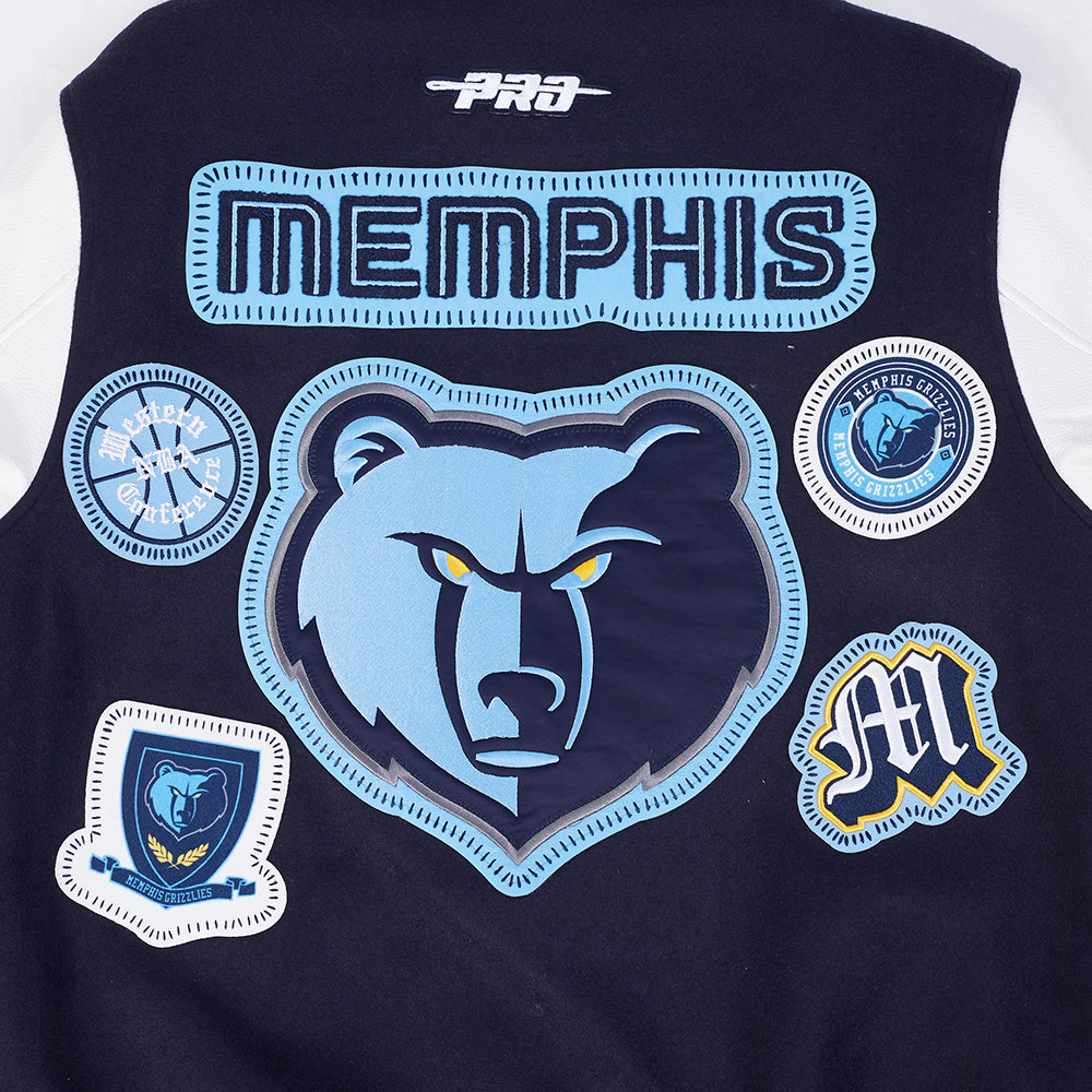 NBA MEMPHIS GRIZZLIES DIY PICK STITCH BLOUSON COLLÉGIAL EN LAINE À BORDS CÔTELÉS POUR HOMME (MARINE MINUIT/BLANC)