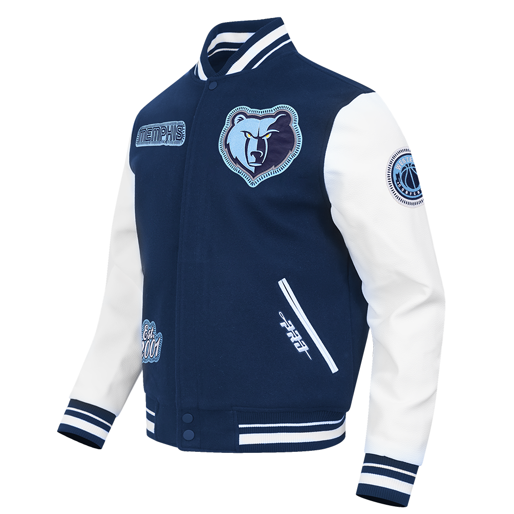 NBA MEMPHIS GRIZZLIES DIY PICK STITCH BLOUSON COLLÉGIAL EN LAINE À BORDS CÔTELÉS POUR HOMME (MARINE MINUIT/BLANC)