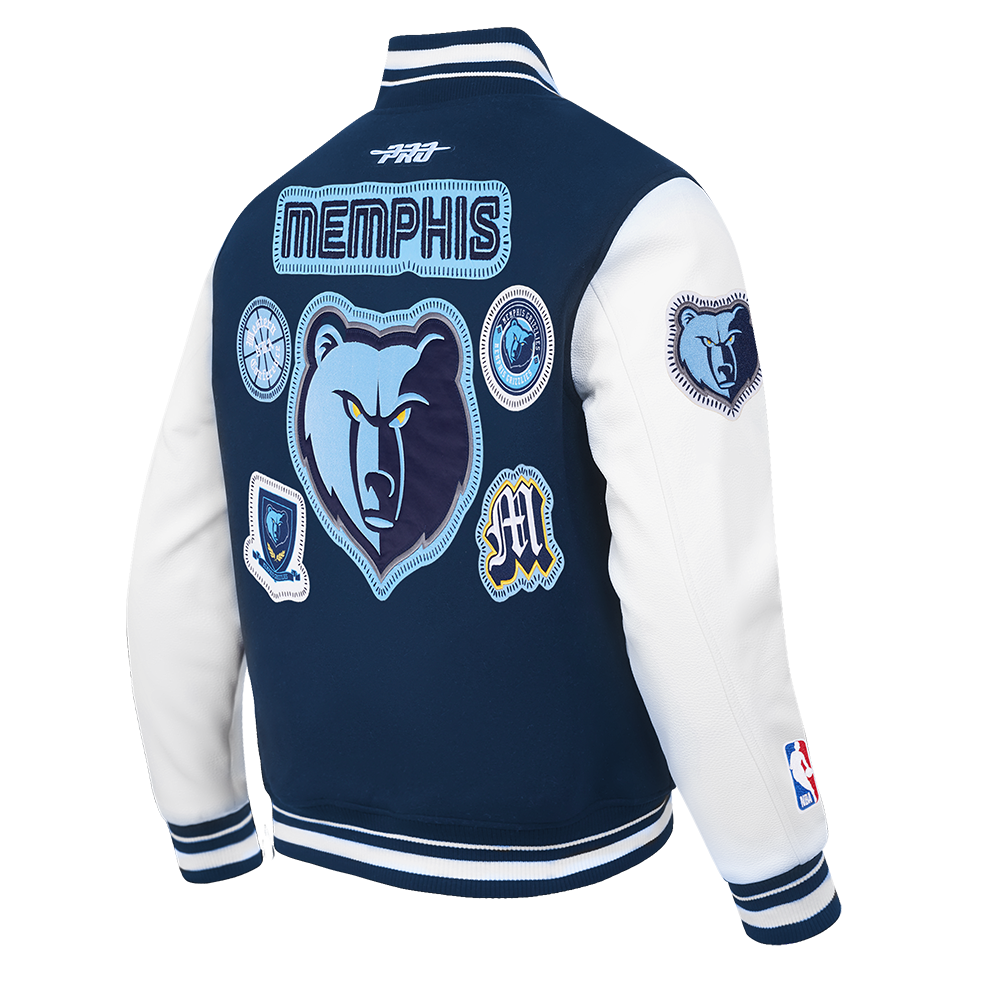 NBA MEMPHIS GRIZZLIES DIY PICK STITCH BLOUSON COLLÉGIAL EN LAINE À BORDS CÔTELÉS POUR HOMME (MARINE MINUIT/BLANC)