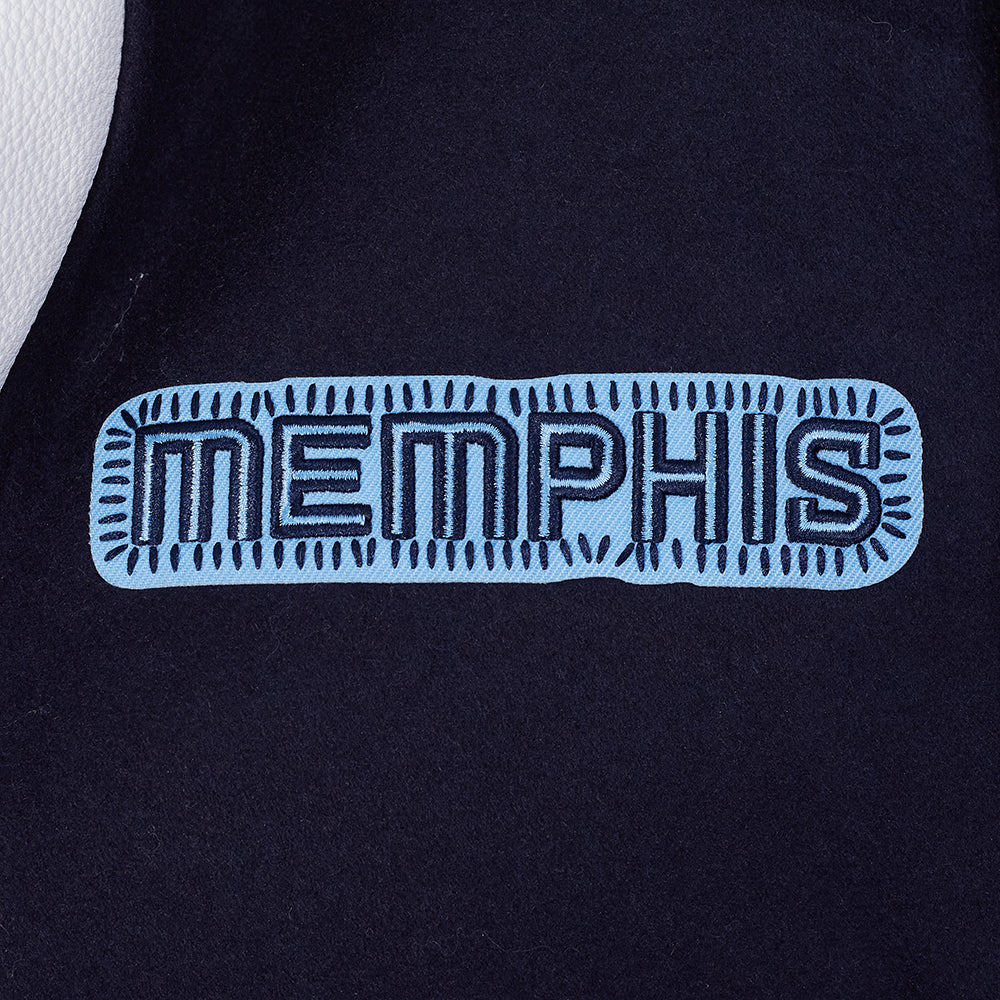 NBA MEMPHIS GRIZZLIES DIY PICK STITCH BLOUSON COLLÉGIAL EN LAINE À BORDS CÔTELÉS POUR HOMME (MARINE MINUIT/BLANC)