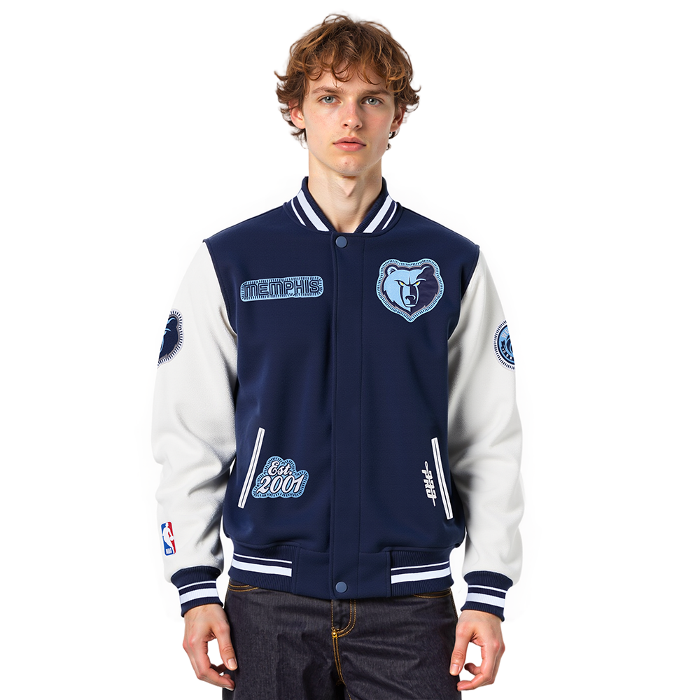 NBA MEMPHIS GRIZZLIES DIY PICK STITCH BLOUSON COLLÉGIAL EN LAINE À BORDS CÔTELÉS POUR HOMME (MARINE MINUIT/BLANC)
