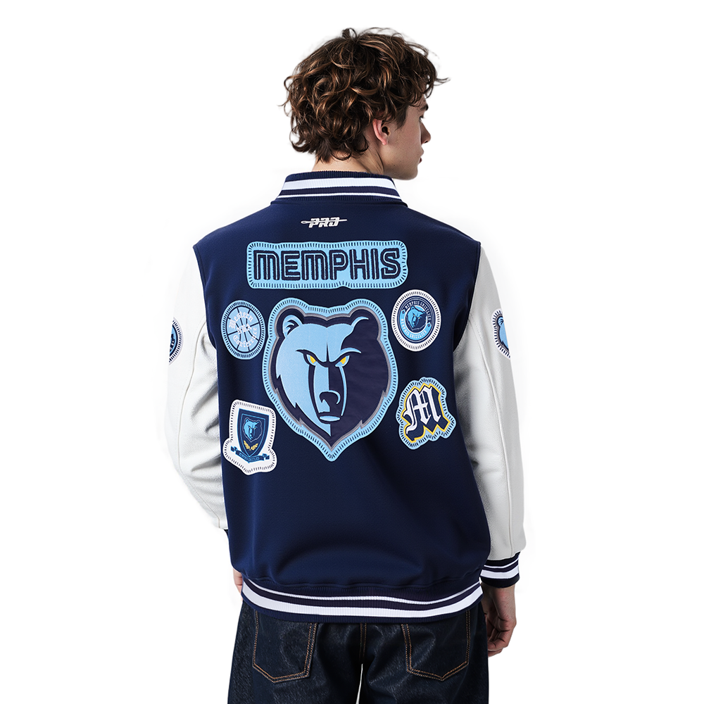 NBA MEMPHIS GRIZZLIES DIY PICK STITCH BLOUSON COLLÉGIAL EN LAINE À BORDS CÔTELÉS POUR HOMME (MARINE MINUIT/BLANC)