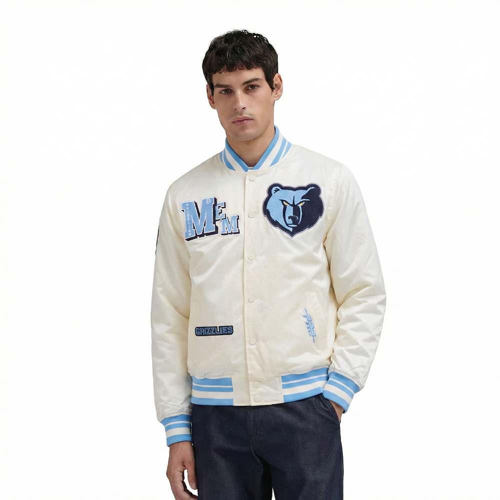 NBA MEMPHIS GRIZZLIES BEST OF MEN'S RIB SATIN JACKET (EGGSHELL/ UNIVERSITY BLUE)
