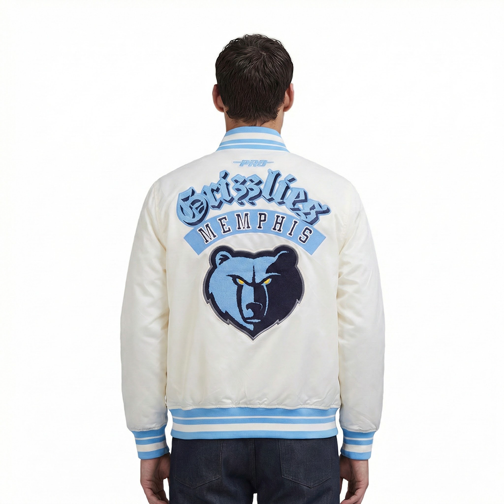 NBA MEMPHIS GRIZZLIES BEST OF MEN'S RIB SATIN JACKET (EGGSHELL/ UNIVERSITY BLUE)