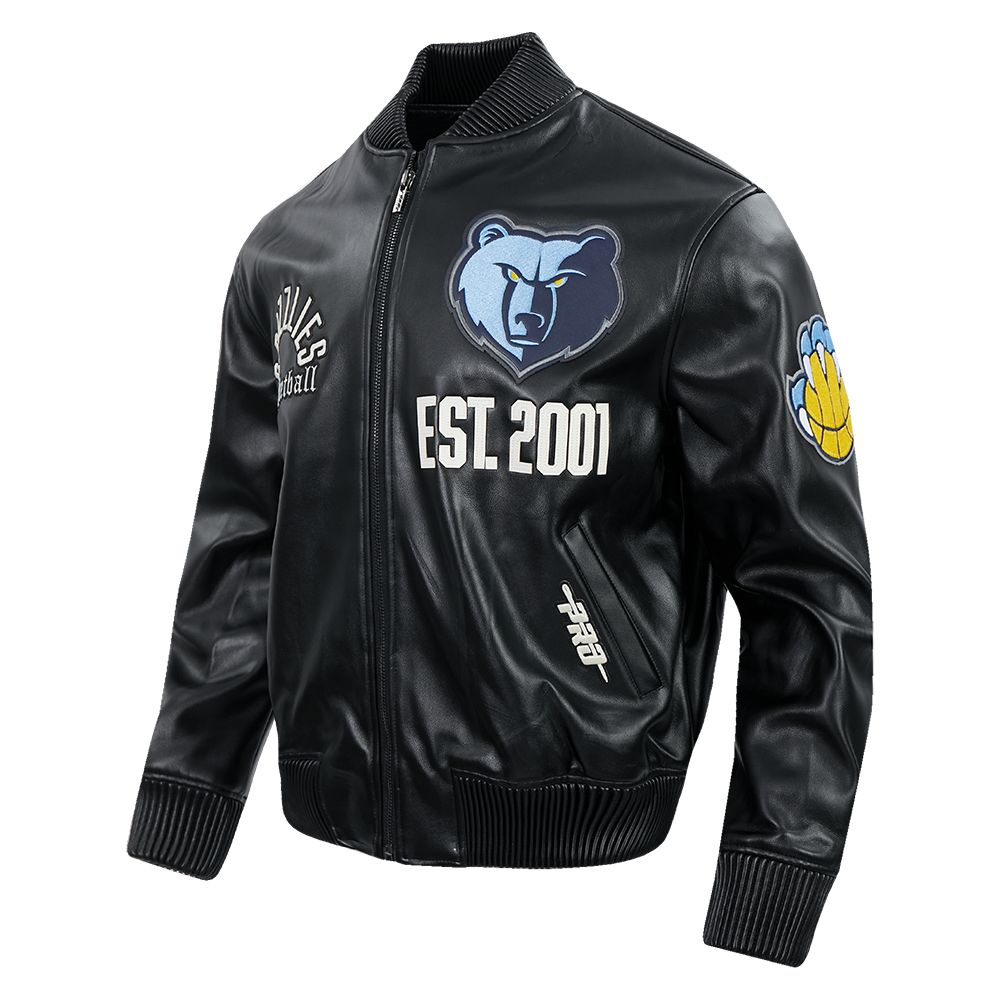 NBA MEMPHIS GRIZZLIES MODERN ORIGINALS MEN'S LEATHER VARSITY JACKET (JET BLACK)
