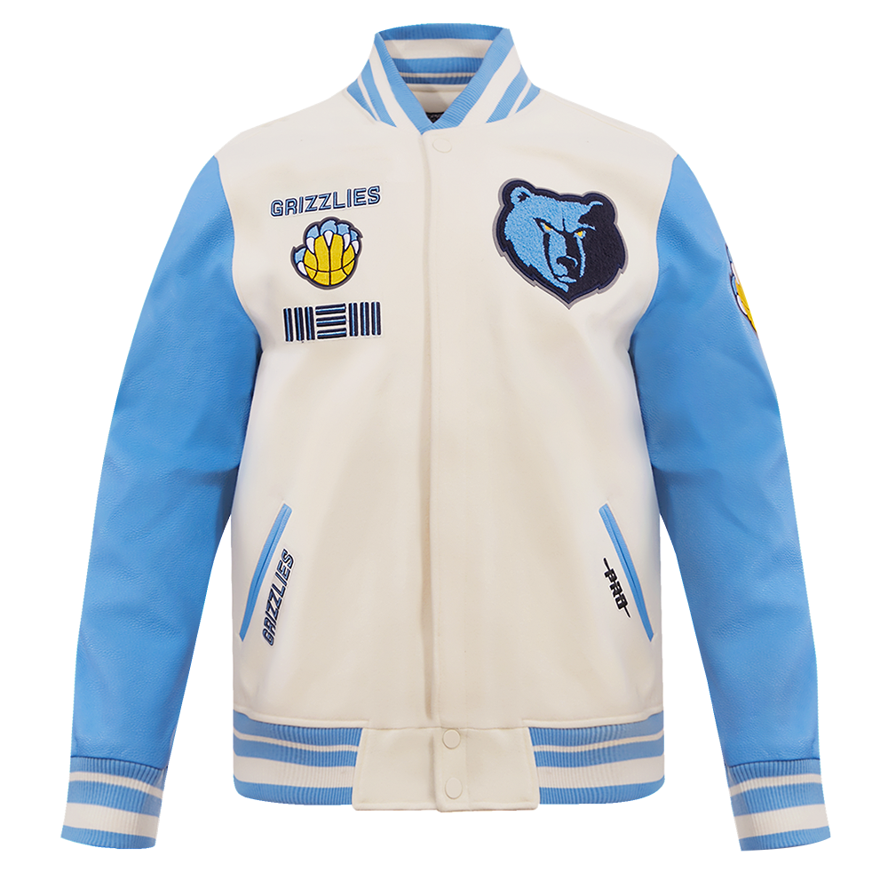 NBA MEMPHIS GRIZZLIES RETRO CLASSIC BLOUSON COLLÉGIAL EN LAINE À BORDS CÔTELÉS POUR HOMME (COQUILLE D'ŒUF/BLEU UNIVERSEL)