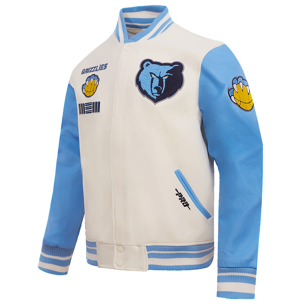 NBA MEMPHIS GRIZZLIES RETRO CLASSIC BLOUSON COLLÉGIAL EN LAINE À BORDS CÔTELÉS POUR HOMME (COQUILLE D'ŒUF/BLEU UNIVERSEL)