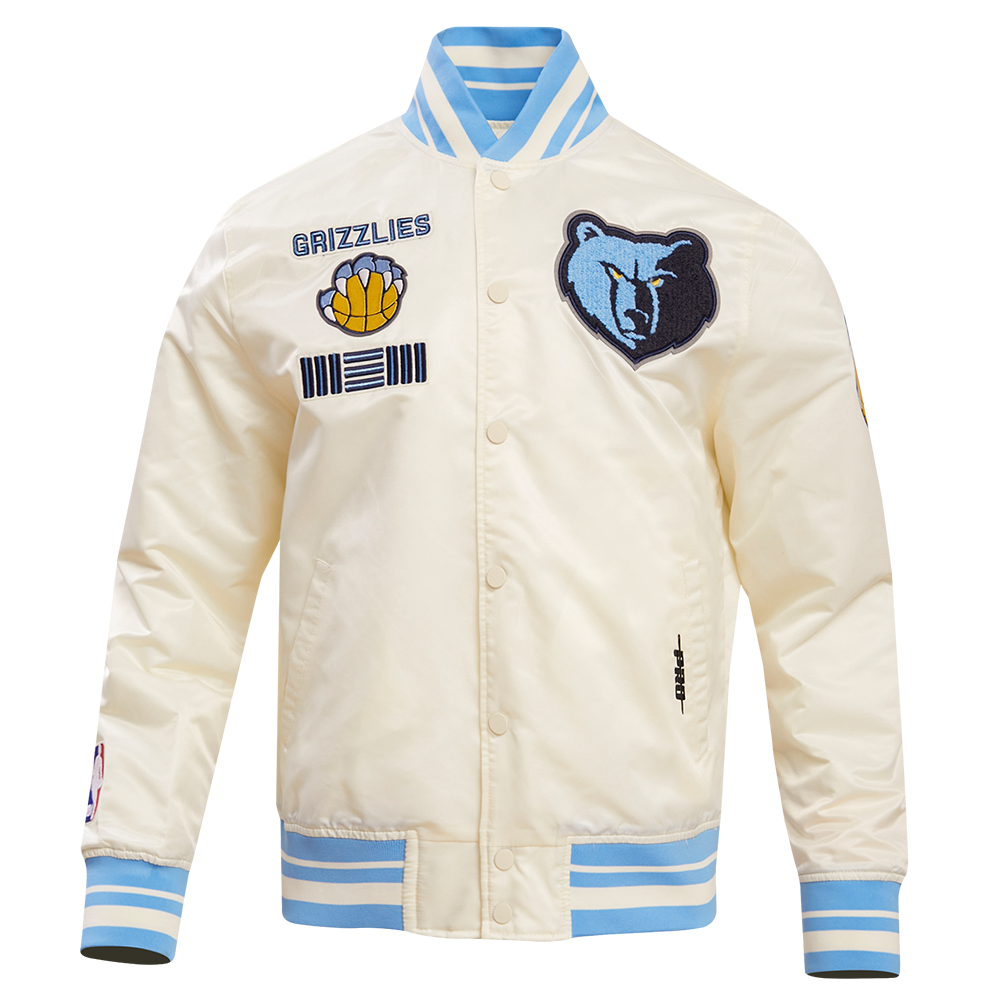 NBA MEMPHIS GRIZZLIES RETRO CLASSIC BLOUSON EN SATIN À BORDS CÔTELÉS POUR HOMME (COQUILLE D'ŒUF/BLEU UNIVERSEL)