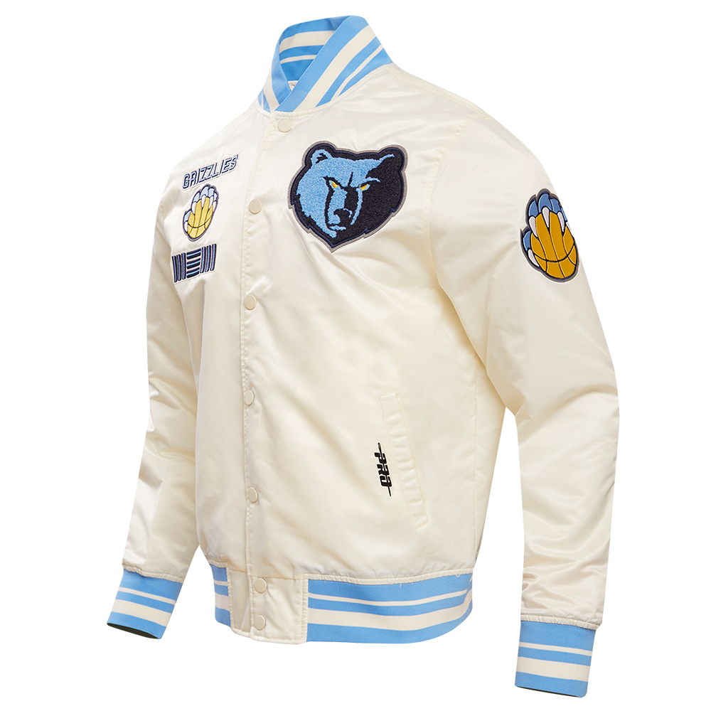 NBA MEMPHIS GRIZZLIES RETRO CLASSIC BLOUSON EN SATIN À BORDS CÔTELÉS POUR HOMME (COQUILLE D'ŒUF/BLEU UNIVERSEL)