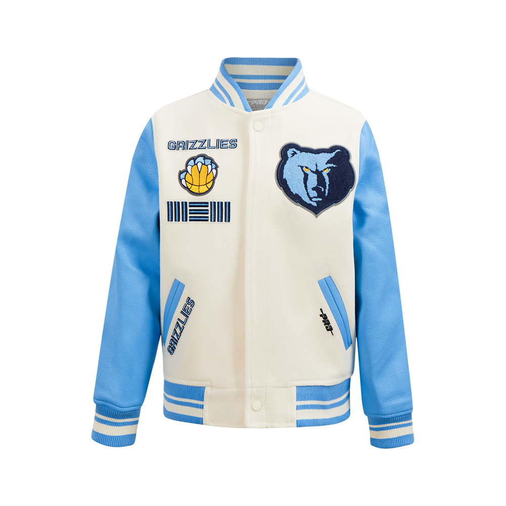 NBA MEMPHIS GRIZZLIES RETRO CLASSIC BLOUSON COLLÉGIAL EN LAINE À BORDS CÔTELÉS POUR GARÇON JUNIOR (COQUILLE D'ŒUF/BLEU UNIVERSITÉ)