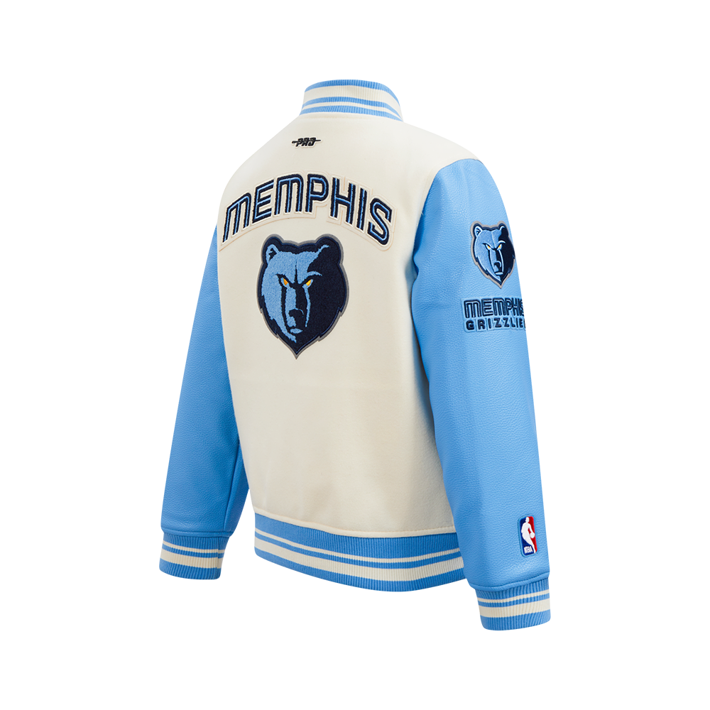 NBA MEMPHIS GRIZZLIES RETRO CLASSIC BLOUSON COLLÉGIAL EN LAINE À BORDS CÔTELÉS POUR GARÇON JUNIOR (COQUILLE D'ŒUF/BLEU UNIVERSITÉ)