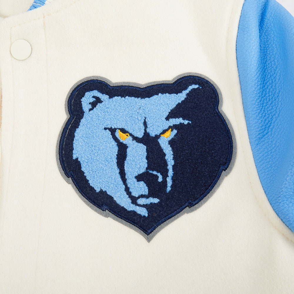 NBA MEMPHIS GRIZZLIES RETRO CLASSIC BLOUSON COLLÉGIAL EN LAINE À BORDS CÔTELÉS POUR GARÇON JUNIOR (COQUILLE D'ŒUF/BLEU UNIVERSITÉ)