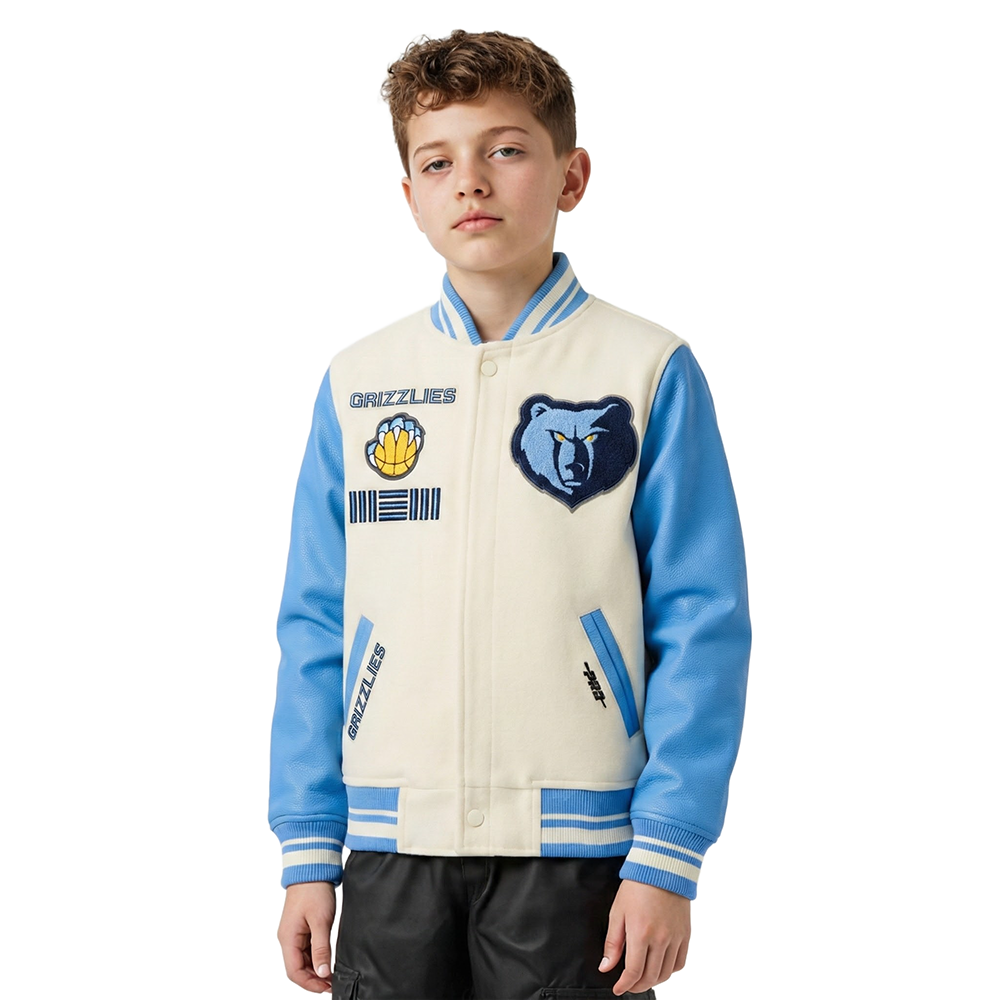 NBA MEMPHIS GRIZZLIES RETRO CLASSIC BLOUSON COLLÉGIAL EN LAINE À BORDS CÔTELÉS POUR GARÇON JUNIOR (COQUILLE D'ŒUF/BLEU UNIVERSITÉ)