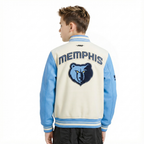NBA MEMPHIS GRIZZLIES RETRO CLASSIC BLOUSON COLLÉGIAL EN LAINE À BORDS CÔTELÉS POUR GARÇON JUNIOR (COQUILLE D'ŒUF/BLEU UNIVERSITÉ)