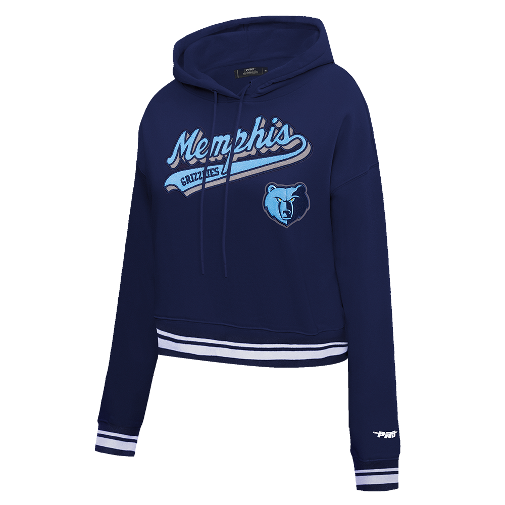 NBA MEMPHIS GRIZZLIES SCRIPT TAIL WOMEN'S RIB FLEECE CROPPED PULLOVER HOODIE (MIDNIGHT NAVY)