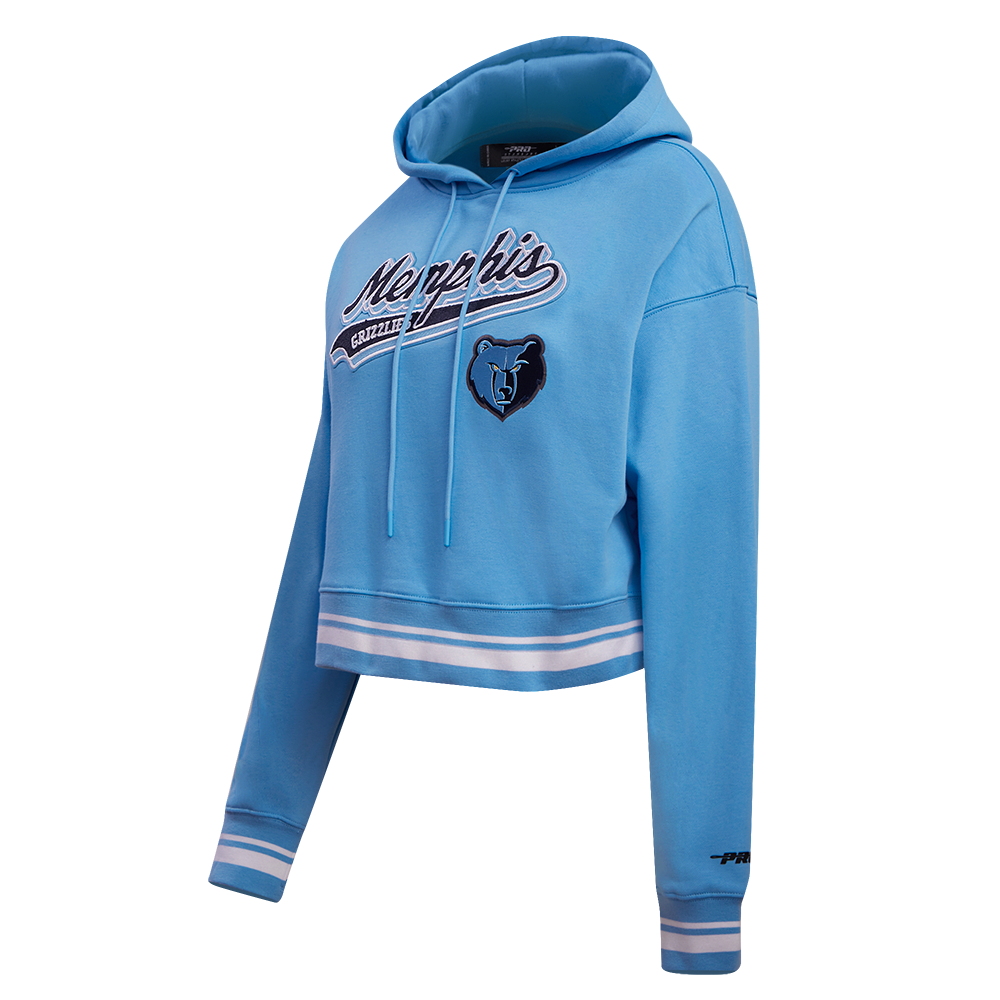 NBA MEMPHIS GRIZZLIES SCRIPT TAIL WOMEN'S RIB FLEECE CROPPED PULLOVER HOODIE (UNIVERSITY BLUE)