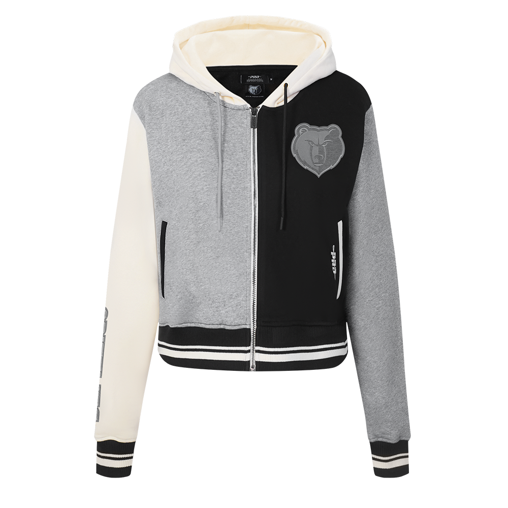 NBA MEMPHIS GRIZZLIES REVERSE FRENCH TERRY WOMEN'S COLOR BLOCK FLEECE FULL ZIP HOODIE (BLACK/GRAY/EGGSHELL)
