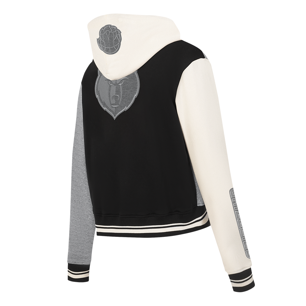 NBA MEMPHIS GRIZZLIES REVERSE FRENCH TERRY WOMEN'S COLOR BLOCK FLEECE FULL ZIP HOODIE (BLACK/GRAY/EGGSHELL)