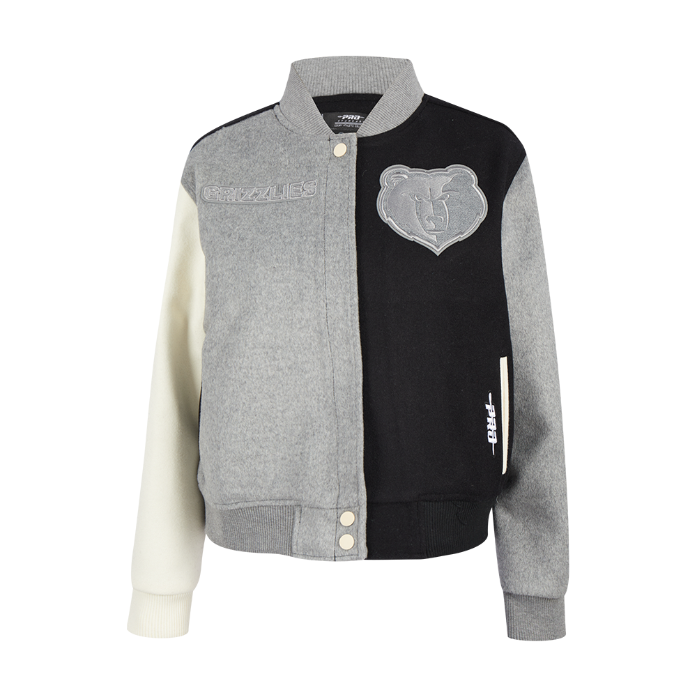 NBA MEMPHIS GRIZZLIES REVERSE FRENCH TERRY WOMEN'S WOOL VARSITY JACKET (BLACK/GRAY/EGGSHELL)