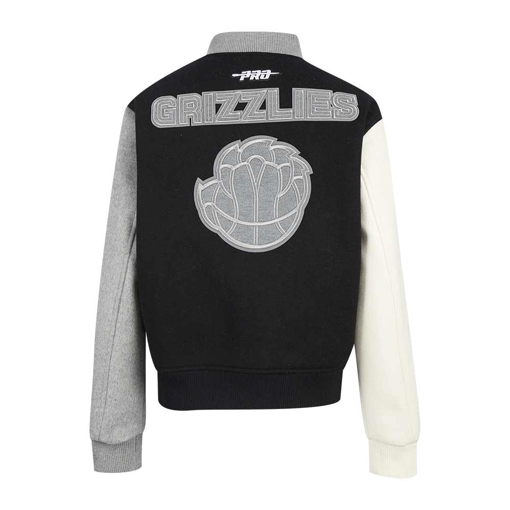 NBA MEMPHIS GRIZZLIES REVERSE FRENCH TERRY WOMEN'S WOOL VARSITY JACKET (BLACK/GRAY/EGGSHELL)