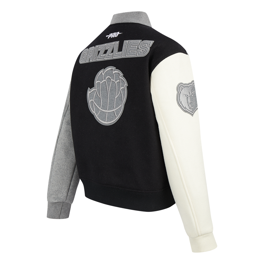 NBA MEMPHIS GRIZZLIES REVERSE FRENCH TERRY WOMEN'S WOOL VARSITY JACKET (BLACK/GRAY/EGGSHELL)