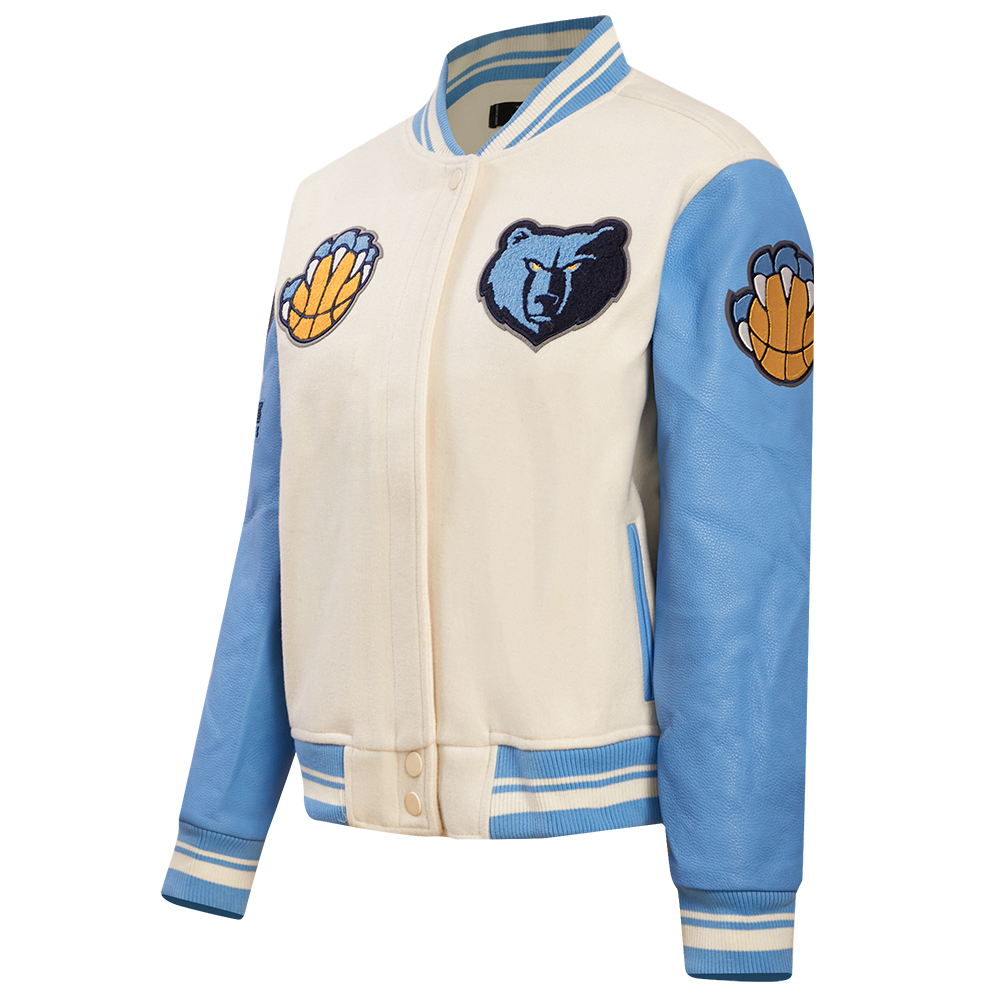 NBA MEMPHIS GRIZZLIES RETRO CLASSIC WOMEN'S RIB WOOL VARSITY JACKET (EGGSHELL/UNIVERSAL BLUE)
