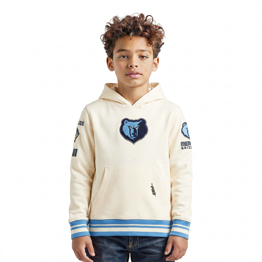 NBA MEMPHIS GRIZZLIES RETRO CLASSIC LITTLE BOY'S RIB FLEECE PULLOVER HOODIE (EGGSHELL/ UNIVERSITY BLUE)