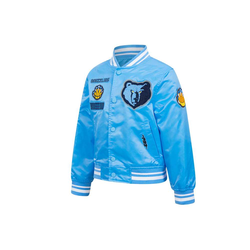 NBA MEMPHIS GRIZZLIES RETRO CLASSIC BLOUSON EN SATIN À BORDS CÔTELÉS POUR GARÇON ENFANT (BLEU UNIVERSITÉ)